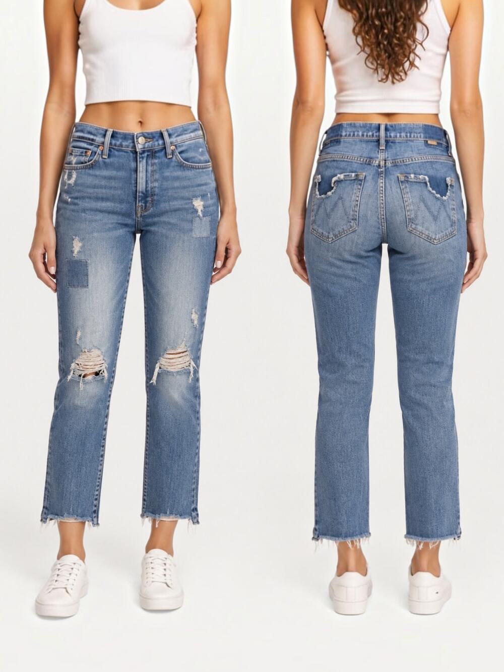 MOTHER Mid Rise Distressed Patch Slim Straight Ankle Jeans 28
